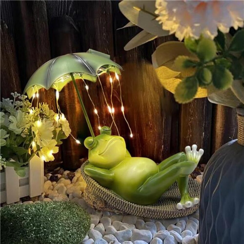 Frogs Garden Outdoor Statue - Solar Frog Umbrella Pond Statues LED Waterproof